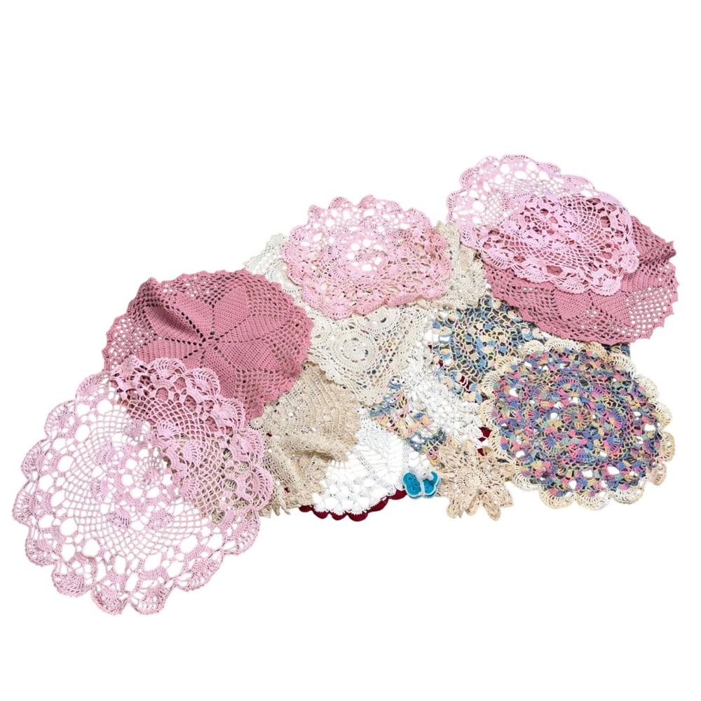 Handmade Crochet Doily Lot Vintage Mixed Pink Cream Multi Good Shabby Chic